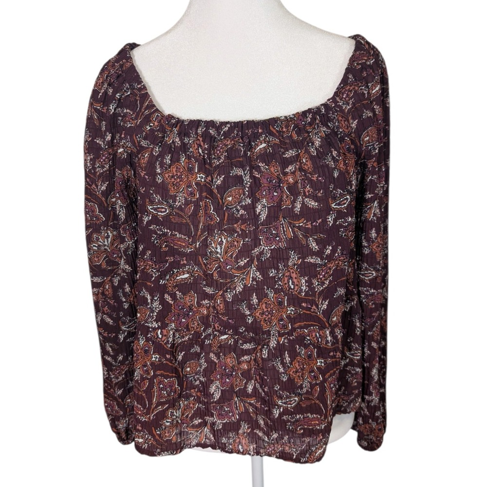 LOFT Womens XS Burgundy Paisley Floral Square Neck Peplum Blouse Long Sleeve